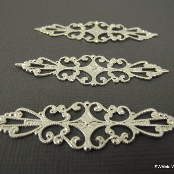 10 Silver Filigree Marquise, 56.5 x 15mm, Long Antiqued Silver Filigree Connector Findings, Filigree Jewelry Supplies