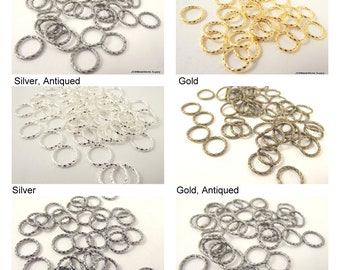 100 Twisted Jump Rings, 16ga Twisted Open Jump Rings, 10mm Silver Gold Gunmetal or Antiqued Connector Links