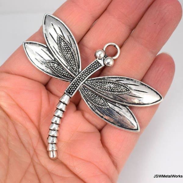 1 Large Pewter Dragonfly Focal Pendant Charm, Pewter Pendant, Antiqued Silver Pendant, Large Insect Pendant Charm