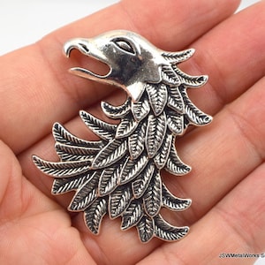1 Large Bird Pewter Pendant, Antiqued Silver Eagle Pendant, Large Phoenix Pendant, Avian Charm Pendant, Necklace Component