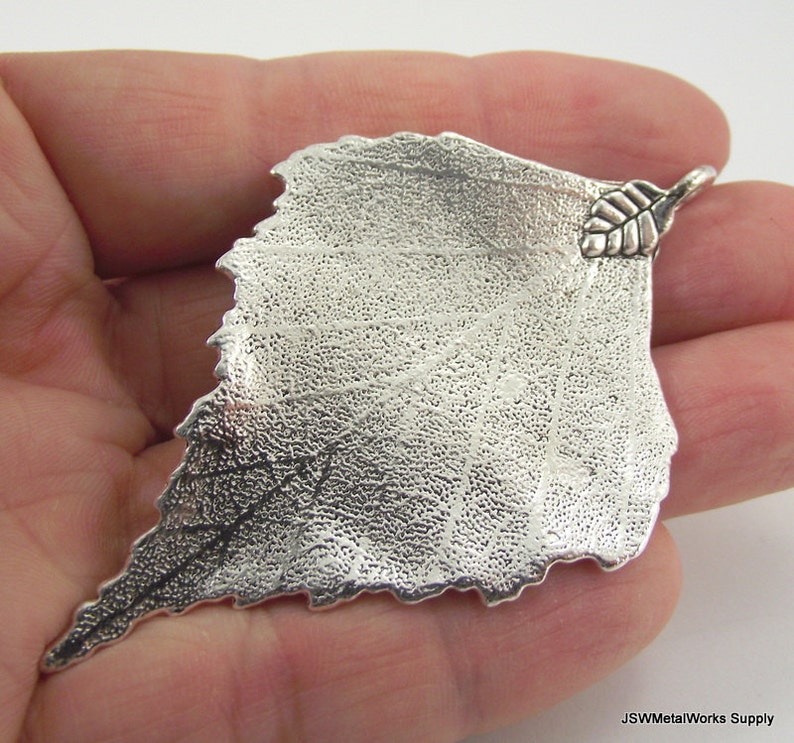 One 1 Large Pewter Leaf Skeleton Pendant, Large Leaf Charm, Antiqued Silver Leaf Focal, 73mm x 46mm Pendant image 1