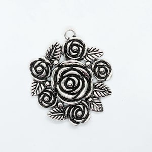 Large Pewter Rose Pendant, 1 Large Flower and Leaves Antiqued Silver Focal Charm, Huge Pewter Focal Pendant