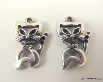 Small Antiqued Silver Cat Charms, Modern Siamese Cat Charm, Cat Outline Silver Charm, 20x13 mm, 10 Pieces CLEARANCE