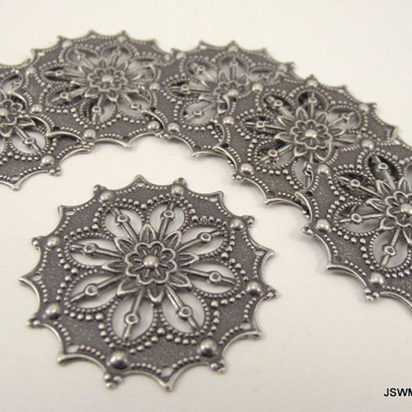 34mm Focal Antiqued Silver Filigree Flower, 10 Pieces, Round Silver Mandala Focal Filigree Charm, Silver Flower Stamping