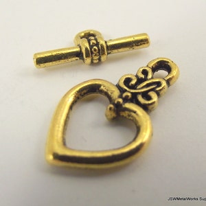 2 Decorative Antiqued Gold Pewter Heart Toggle Clasp, Golden Toggle Clasp End Closure Component Finding for Necklace or Bracelet