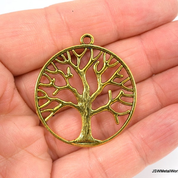 Gold Pewter Tree of Life Pendant, Golden Tree of Life Charm, Antiqued Gold Tree Focal, Gold Tree Charm, Woodland Pendant Drop