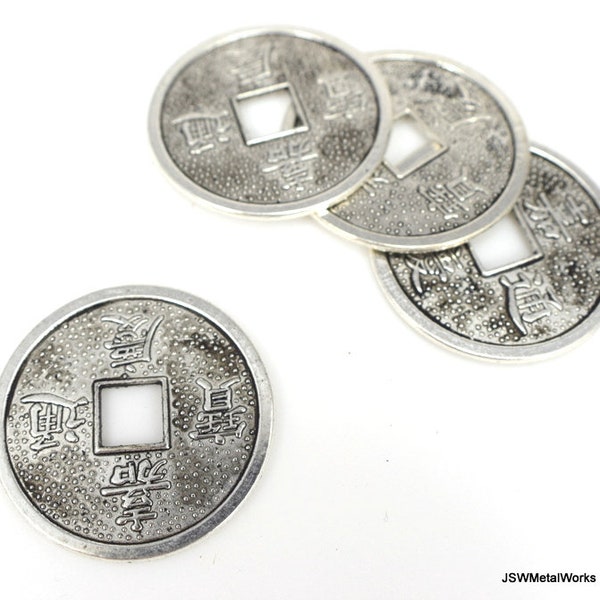 4 Large Antiqued Silver Chinese Coin Pendant, Round Pewter Lucky Coin Replica, Chinese Qing Dynasty Coin