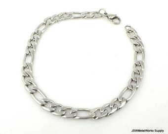 7.5 inch Stainless Steel Bracelet Blank, 304 Stainless Steel, Finished Figaro Chain Bracelet, Ready to Wear Stainless Bracelet, Unisex Chain