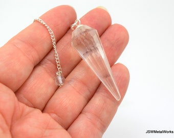 Clear Quartz Faceted Pendulum with Chain, Quartz Crystal Pendulum for Divination and Metaphysical