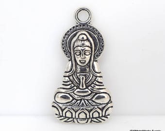 Boeddha tinnen charmes, antieke zilveren charmes, Quan Yin hanger, godin van genade drop, Guan Yin charme, 33 mm x 18 mm