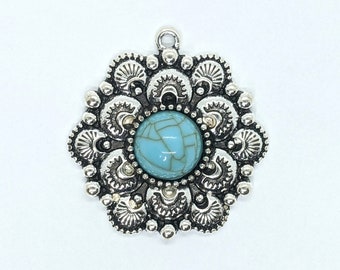Antique Silver Pewter Flower Mandala Charm Pendant, One (1) Round Silver Focal Floral Pendant with Turquoise Resin Cabochon