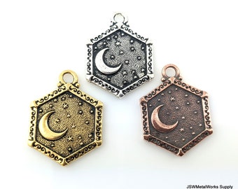 Sun and Moon Pendant, TierraCast Antique Silver Gold or Copper Plated Pewter Pendant, Celestial Crescent Moon, Astronomy Astrology Charm