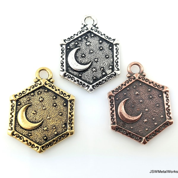 Sun and Moon Pendant, TierraCast Antique Silver Gold or Copper Plated Pewter Pendant, Celestial Crescent Moon, Astronomy Astrology Charm