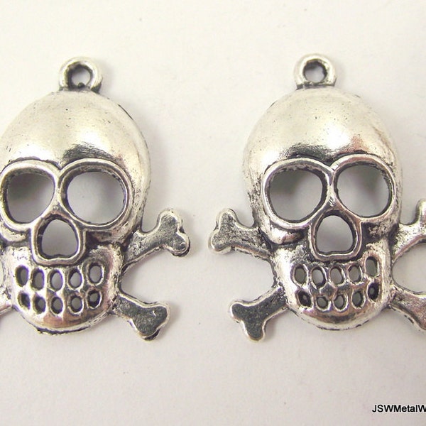 Two (2) Large Pewter Skull Pendants, Large Pirate Skull Charms, Antitued Silver Skull and Crossbones