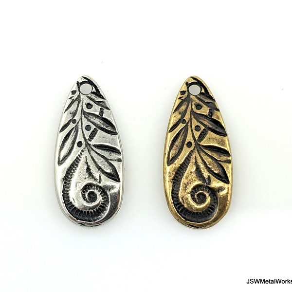 Jardin Teardrop Charm, TierraCast Antique Pewter or Oxidized Brass Plated Pewter Charm for Jewelry Making