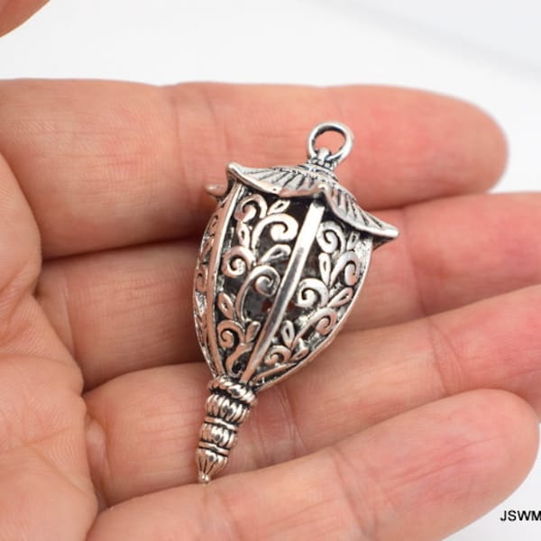 1 Large Pewter Filigree Lantern Focal Pendant, Antiqued Silver Filigree Pendant, Filigree Necklace Component