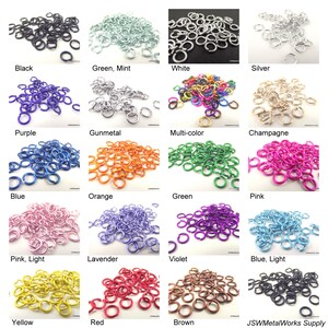 May include: Assortment of 14 different colors of jump rings. The jump rings are made of metal and are approximately 6mm in diameter. The colors include black, green, white, silver, purple, gunmetal, multi-color, champagne, blue, orange, pink, pink light, lavender, violet, blue light, yellow, red, brown.