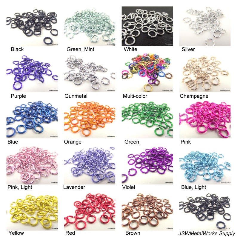 May include: Assortment of 14 different colors of jump rings. The jump rings are made of metal and are approximately 6mm in diameter. The colors include black, green, white, silver, purple, gunmetal, multi-color, champagne, blue, orange, pink, pink light, lavender, violet, blue light, yellow, red, brown.