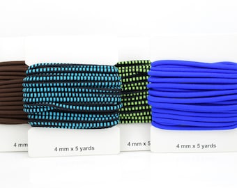 May include: Four spools of elastic cord, each measuring 4 mm wide and 5 yards long. The spools are arranged in a row from left to right: brown, blue and black with turquoise stripes, green and black with lime green stripes, and solid blue.