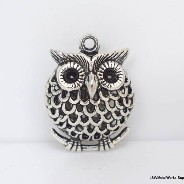 Large Puffed Round Pewter Owl Pendant, Large Owl Charms, Pewter Bird Pendant, Woodland Jewelry DIY, Cute Owl, Antique Silver Toned