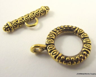 4 Decorative Antiqued Gold Pewter Toggle Clasp, Designer Ornate Gold Toggle Clasp Necklace & Bracelet Closure End Component