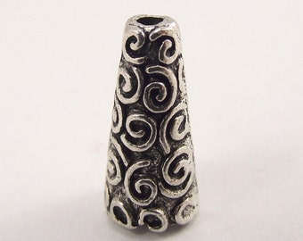 Conos de cuentas de peltre plateado o dorado con diseño de remolino ornamentado de 18 mm x 9 mm, cono de tapa de cuenta envejecido, componentes finales para pulseras y collares.