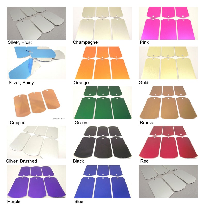 May include: A set of 12 blank metal tags in various colors, including silver, champagne, pink, orange, gold, copper, green, bronze, black, red, purple, and blue. The tags are all the same size and shape, with rounded corners and a hole at the top for attaching a string or ribbon.