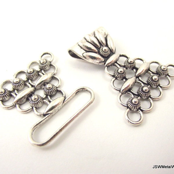 Large Ornate 5 Strand Multistrand Pewter Hook Toggle Clasp, Antiqued Silver Multi-loop Hook Clasp End Closure Component