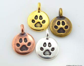 Paw Print Charm, TierraCast Silver Gold Brass or Copper Small Paw Print Pendant, Dog Cat or Animal Paw Charm