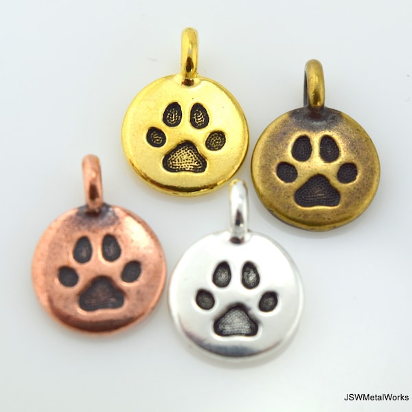 Paw Print Charm, TierraCast Silver Gold Brass or Copper Small Paw Print Pendant, Dog Cat or Animal Paw Charm