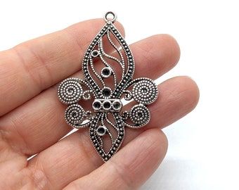 One (1) Large Unique Pewter Filigree Focal Pendant, Ornate Antiqued Silver Charm Pendant