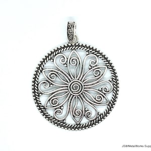 1 Large Round Pewter Filigree Pendant, Large Round Antiqued Silver Flower Focal Charm, Huge Pewter Focal Medallion Pendant