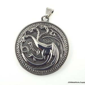 Stainless Steel Three Headed Winged Dragon Pendant with Bail, Large Medieval Flying Dragon Amulate Necklace Component