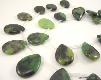 25mm Green Chinese Chrysoprase Flat Teardrop Beads, Serpentine beads 25mm x18mm flat teardrop 16 inch Whole Strand