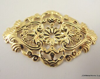 59mm Marquise Gold Plated Filigree Focal Pendant Component, Large Shiny Gold Filigree Stamping Connector