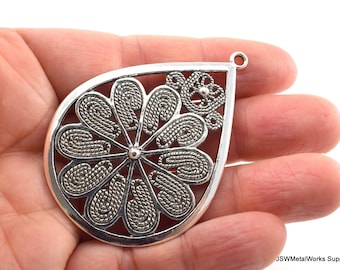 Large Filigree Teardrop Pewter Pendant Focal, Antiqued Silver Pendant for Jewelry Making DIY