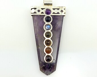 Amethyst Seven Chakras Flat Point Silver Pendant, 7 Chakra Amethyst Point Obelisk Pendant with Silver Cap and Bail