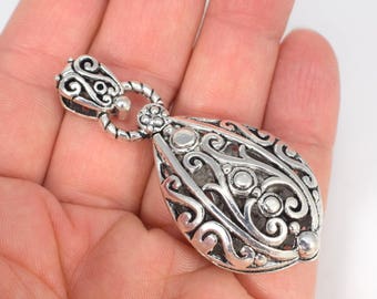 One (1) Large Pewter Filigree Focal Pendant, Antiqued Silver Teardrop Pendant, Ornate Filigree Necklace Component