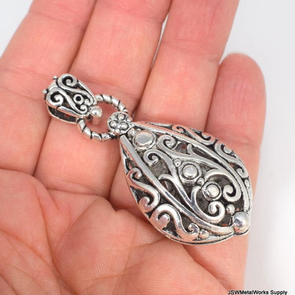 One (1) Large Pewter Filigree Focal Pendant, Antiqued Silver Teardrop Pendant, Ornate Filigree Necklace Component