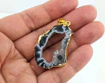 Agate Geode Druzy Slice Focal Pendant Electroplated in Gold or Silver, CHOOSE YOUR PENDANT