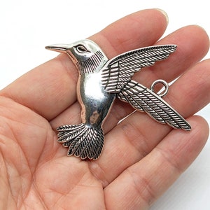 Large Pewter Hummingbird Pendant, Large Antiqued Silver Woodland Bird Charm Pendant