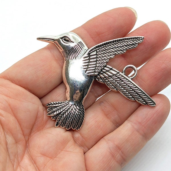 Large Pewter Hummingbird Pendant, Large Antiqued Silver Woodland Bird Charm Pendant