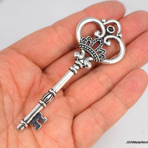 Large Crown Skeleton Key Charm Pewter Pendant, Jailer&#39;s Key, Steampunk Jewelry Supply