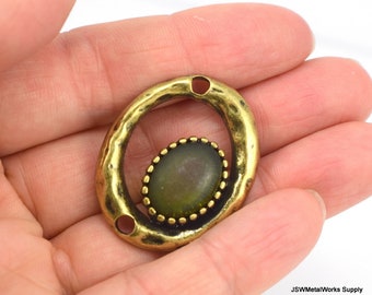 Small Gold Olive Green Oval Focal Pendant, Gold Green Resin Connector, Gold Textured Focal, Necklace Finding Component CLEARANCE