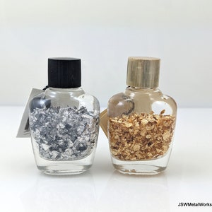 Bottle of Gold or Silver Flakes, Authentic Brazilian Leaf Gold or Silver Flakes in Safety Glass Bottle