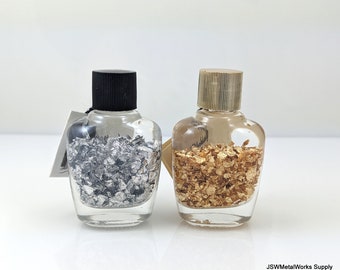 Bottle of Gold or Silver Flakes, Authentic Brazilian Leaf Gold or Silver Flakes in Safety Glass Bottle