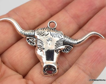 Large Pewter Bull Head Focal Pendant, Antiqued Silver Longhorn Bull Pendant