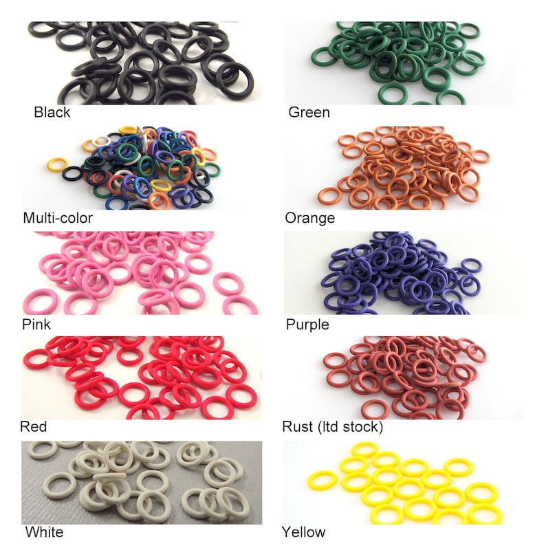 May include: Assortment of colorful rubber O-rings in various colors, including black, green, multi-color, orange, pink, purple, red, rust, white, and yellow.