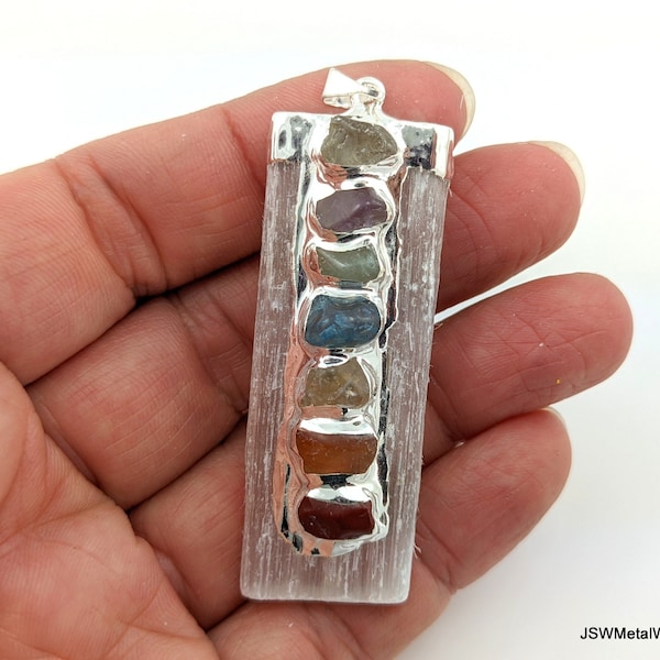 Raw Selenite Chakra Pendant, 7 Chakra Stone Pendant, Manifestation Stone, Long Gemstone Crystal Pendant