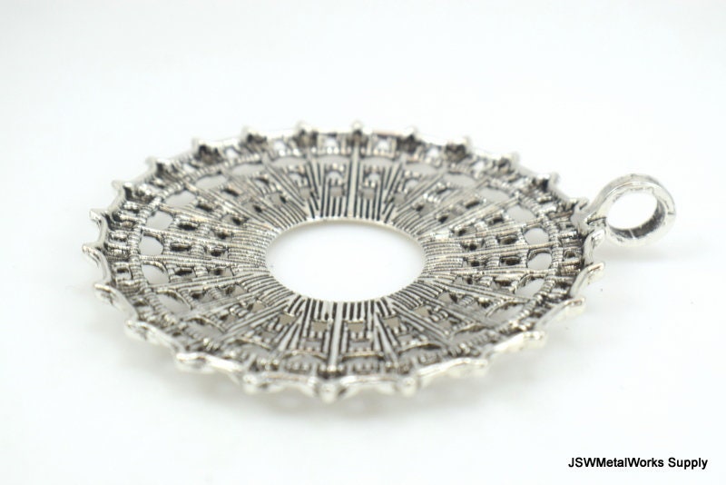 Pewter Mandala With Feathers Pendant - 2-3/4" X 1-3/8" Southwestern Style Jewelry With 7mm Bail - View #4